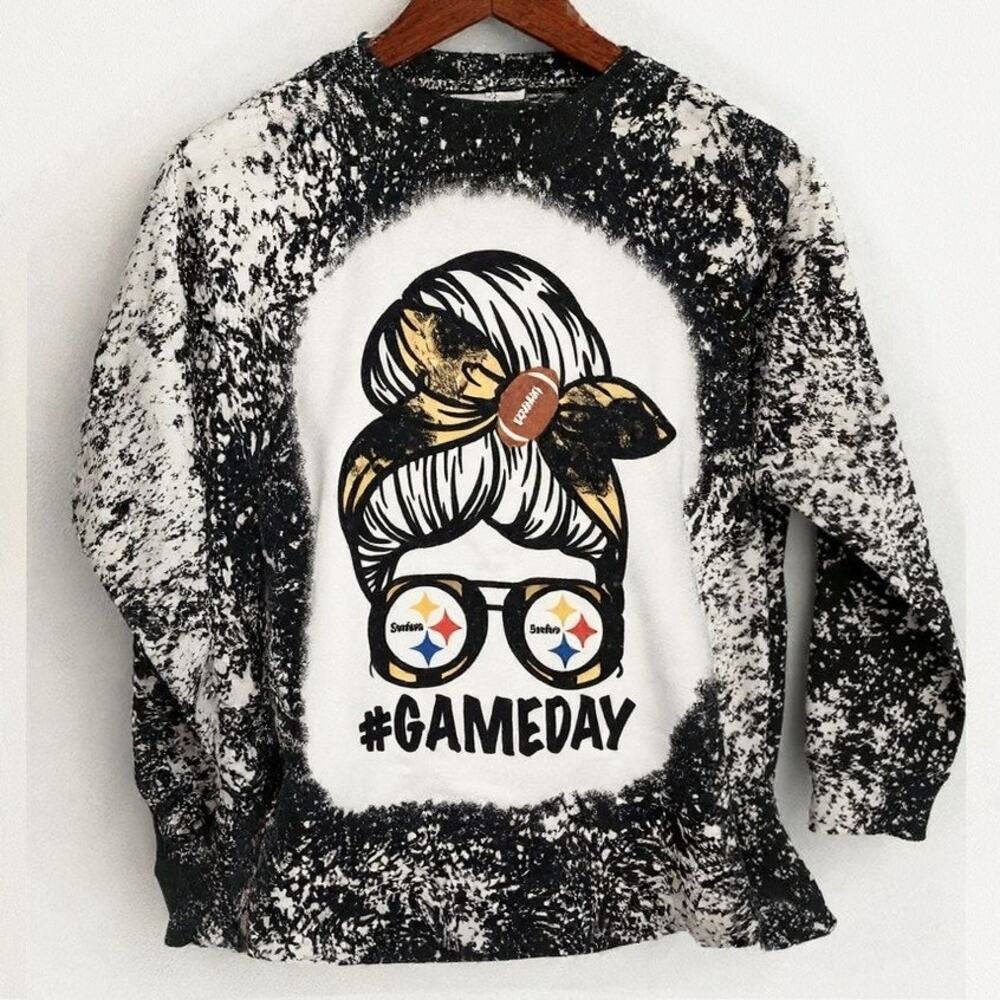 Steelers Gameday Bleach Dye Handmade Graphic Crewneck Sweatshirt